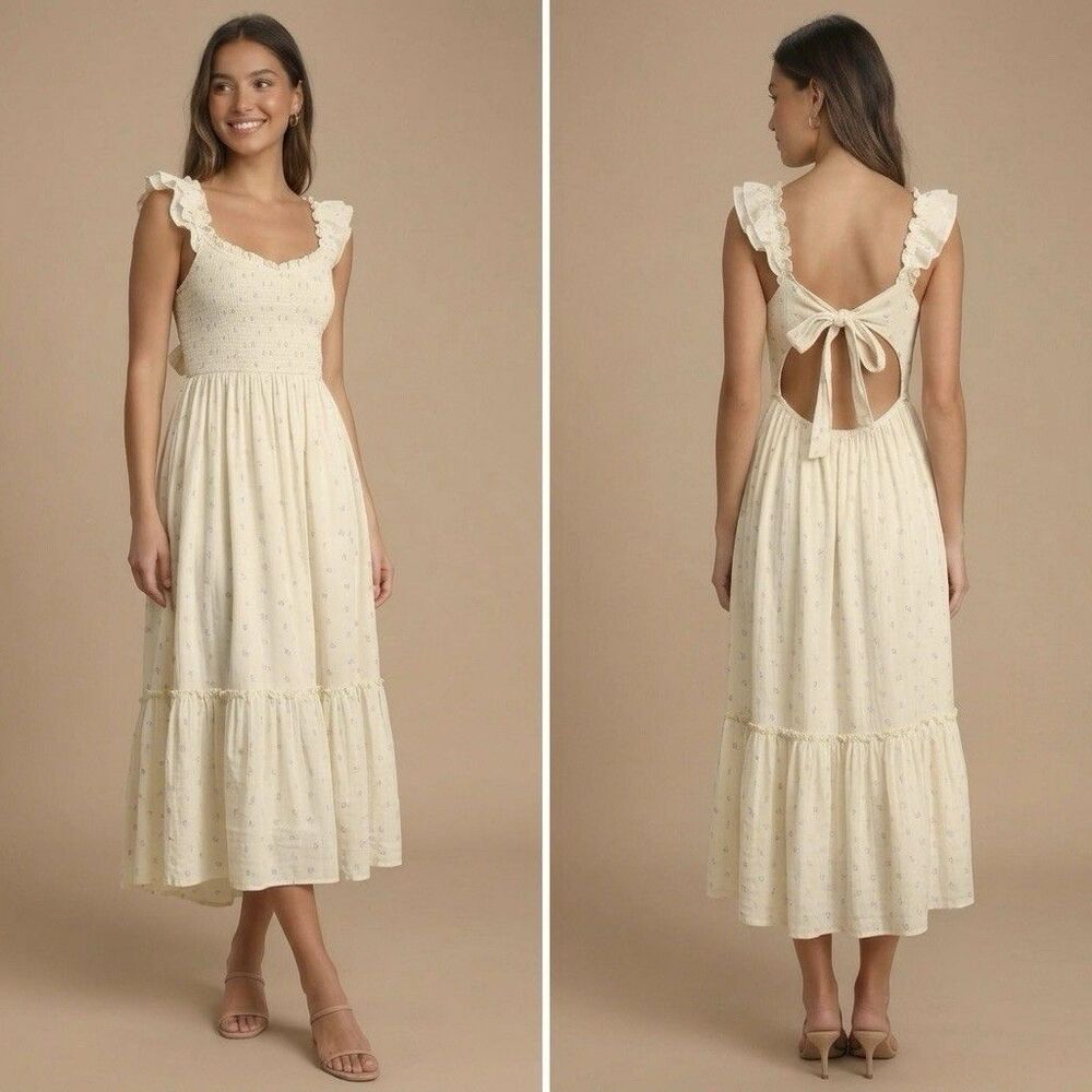 American Eagle Midi Long Dress Ivory Ruffle Smocked Floral Tiered Cottage SMALL - Picture 2 of 14